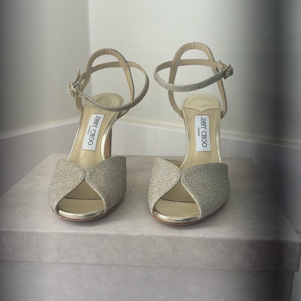 JIMMY CHOO
Sacora Platinum Ice Glitter Peep Toe Pump, 85mm